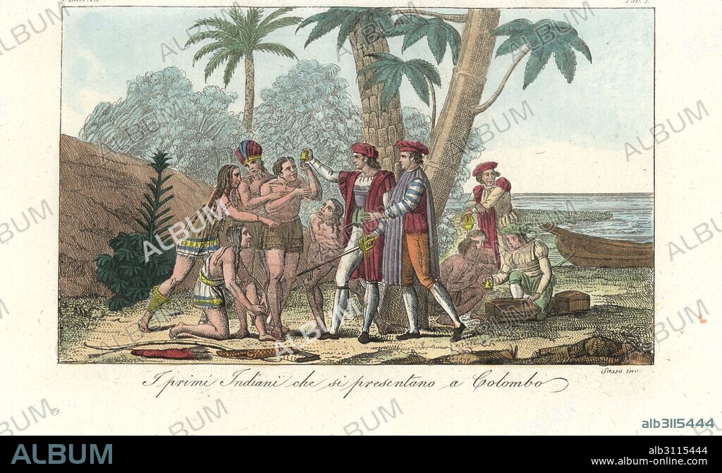 Christopher Columbus giving hawks' bells to the Taino people, the first Native Americans he encountered in 1492 and later conquered and enslaved. Handcoloured copperplate engraving by Sasso from Giulio Ferrario's Ancient and Modern Costumes of all the Peoples of the World, Florence, Italy, 1837.