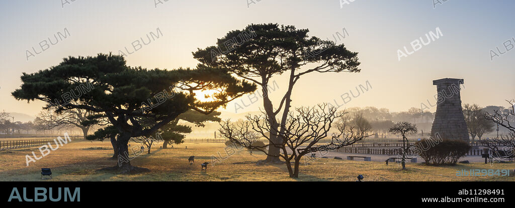 Cheomseongdae Observatory at sunrise, UNESCO World Heritage Site, Gyeongju, South Korea, Asia.