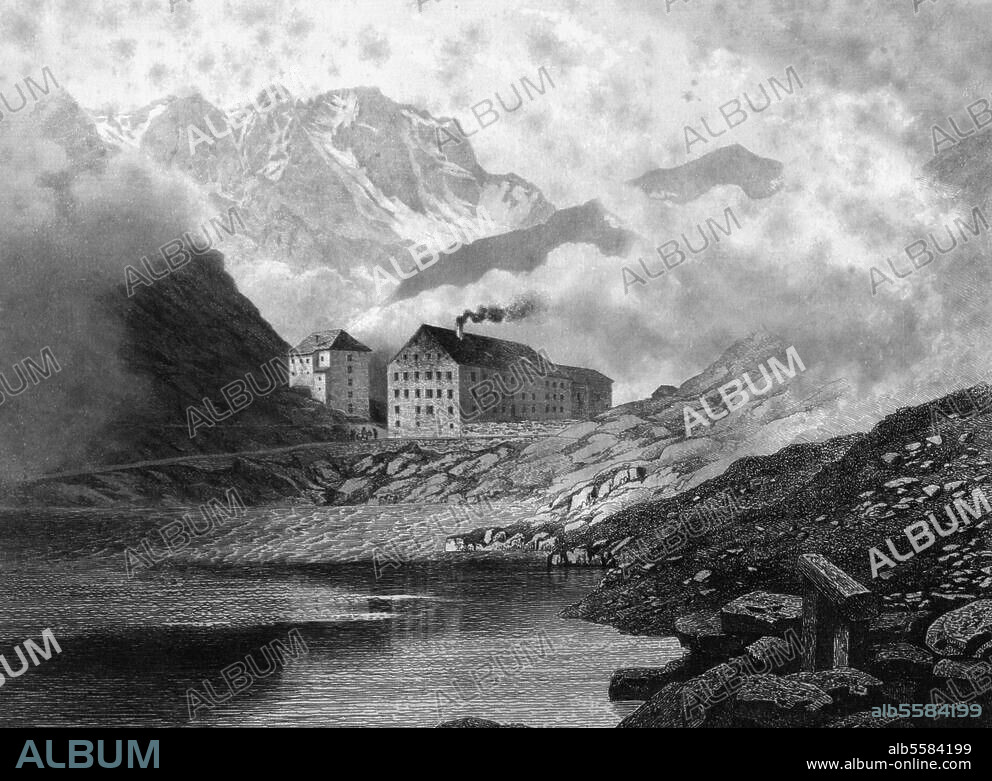Großer Sankt Bernhard (Wallis), Hospiz der Augustiner-Chorherren. Ansicht. Stahlstich von C.Huber, um 1850. 15,4 × 20,8 cm. Berlin, Sammlung Archiv für Kunst und Geschichte.