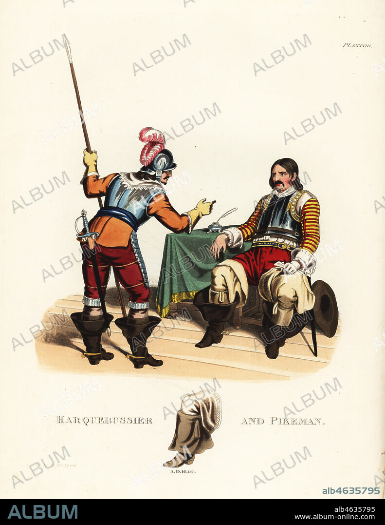 Harquebussier and pikeman, 1640. Pikeman in helmet and cuirass, doublet, breeches, boots, holding a pike. Officer of pistoliers in cuirass, doublet, breeches, boots with large linen guards. Handcoloured lithograph by Maddocks after an illustration by S.R. Meyrick from Sir Samuel Rush Meyrick's A Critical Inquiry into Antient Armour, John Dowding, London, 1842.