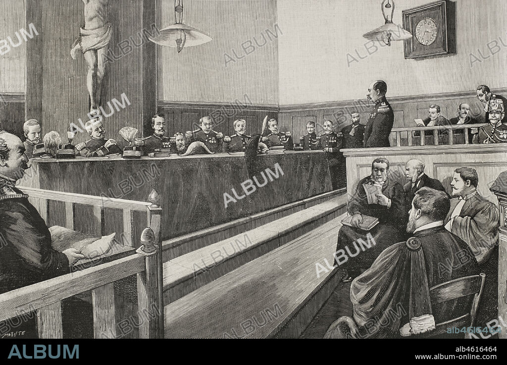 Ferdinand Walsin Esterhazy (1847-1923). French military officer from 1870 to 1898. Spy for the German Empire, he was the author of the acts of treason for which Alfred Dreyfus was condemned. On 10 January 1898, he was tried before a military court. A court martial session. The court unanimously acquitted him. Engraving by Matute. La Ilustración Española y Americana, 1898.
