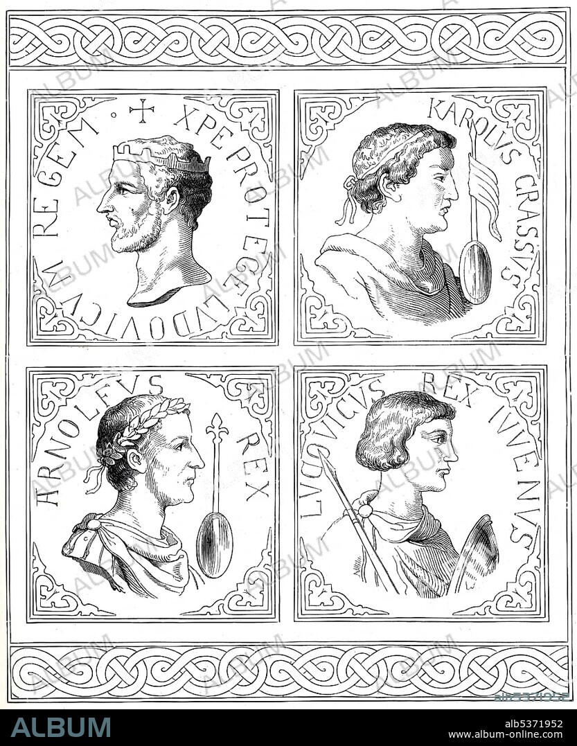 The sons of Louis the Pious, king of the Frankish kingdom, Louis the German, Louis II, Ludovicus II, 806 - 876, Carloman, Louis the Younger and Charles the Fat, historical illustration from Bildnisse der Deutschen Koenige und Kaiser, Portraits of German Kings and Emperors, by Professor Heinrich Schneider, Verlag Friedrich Andreas Perthes, Gotha, 1889.