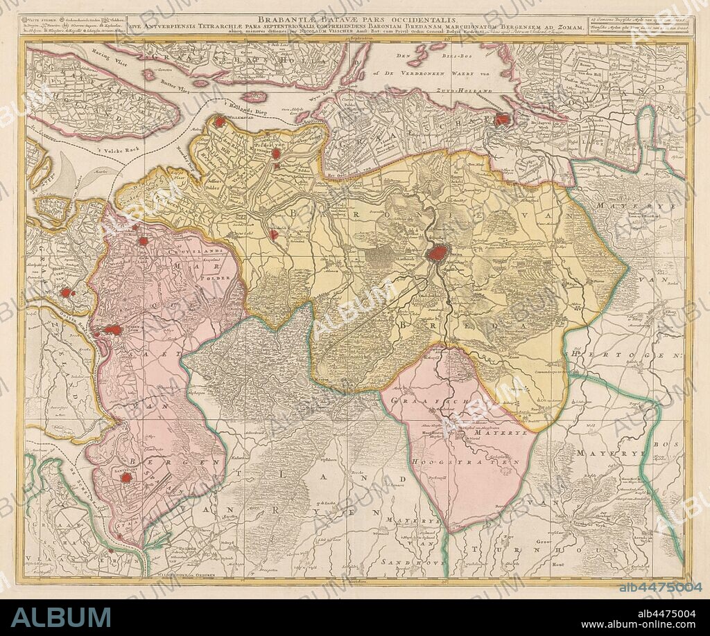 Map of the Baronie van Breda, Brabantiae Batavae pars occidentalis, sive Antverpiensis tetrarchiae pars septentrionalis: comprehendens Baroniam Bredanam, Marchionatum Bergensem ad Zomam (title on object), Map of the barony of Breda and immediate surroundings. Top left legend of cities and towns. Top right the scale in German and French miles, maps of separate countries or regions, Brabant, Breda, Nicolaes Visscher (I), Amsterdam, c. 1680 and/or c. 1780, paper, watercolor (paint), engraving, h 48.8 cm × w 57.9 cm.