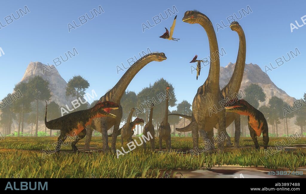 Three predatory Mapusaurus dinosaurs surround a herd of Sauroposeidon sauropods as Thalassodromeus reptiles fly above.
