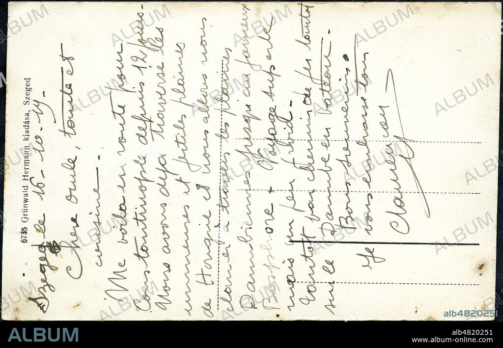 Carte postale de SZEGED en Hongrie. Recto verso numeros kh239406 et 239409. Sur le verso de la carte on peut lire : Szeged le 16/10/1919, chere Oncle, Tante et Cousine. Me voila en route pour Constantinople depuis 12 jours. Nous avons déja traverse les immensees et fertiles plaines de Hongrie et nous allons nous elancer a travers les plaines Danubiennes jusqu'au fameux Bosphore. Voyage superbemais un peu froid. Tantot par chemin de fer, tantot sur le Danube en bateau. Je vous embrasse tous. C. Laurencon" Credit Collection KHARBINE TAPABOR.