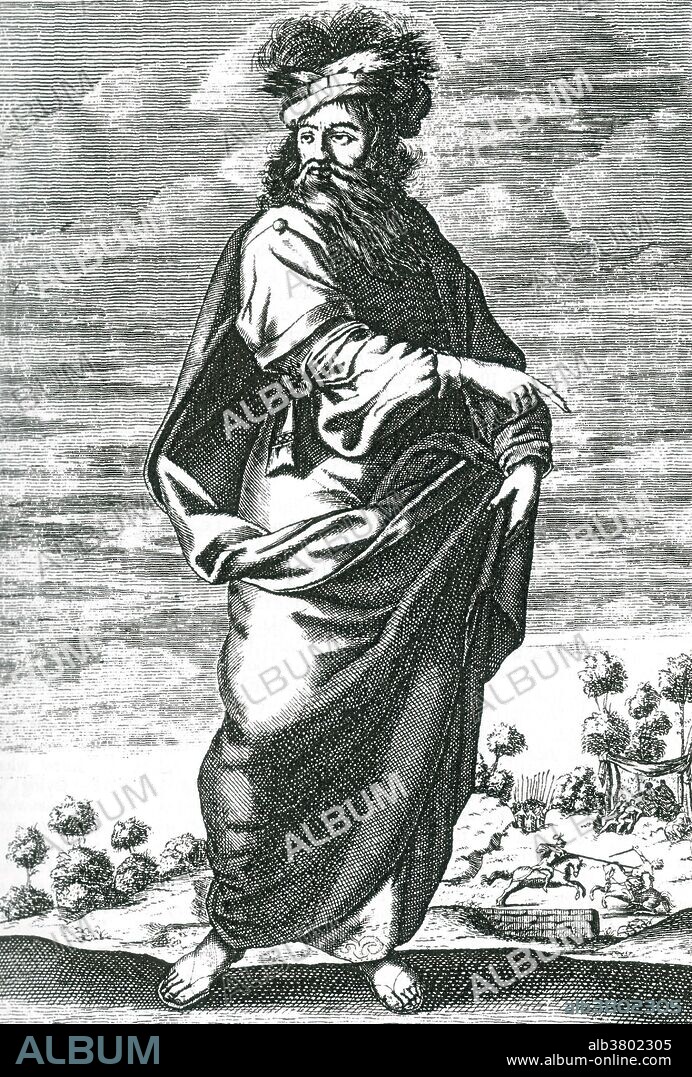 Chilon of Sparta (6th century BC) was one of the Seven Sages of Greece. In his elder years, he became instrumental in the political reorganization of Sparta. Through his machinations, the Ephors gained more power in order to check the Kings by linking an Ephor as watcher over the Kings' generalship in time of war. He is credited with laying the groundwork for the Peloponnesian League created through a treaty with Tegea. While the Athenians contended that women were permanent children with brains incapable of developing rational thought, Sparta's greatest philosopher encouraged his daughter to study under Pythagoras, the greatest of his contemporaries. He was also a poet who wrote a great number of elegiac verses. He was known for his laconic wit, and his belief in prudence, self-restraint, and careful judgment. "Think before you speak", "Do not speak evil of the dead" and "Know thyself" are a few of the saying credited to him. Legend claims that he died of joy when his son gained the prize for boxing at the Olympic games, and that his funeral was attended by all the Greeks assembled at the festival. Engraving from "The History of Philosophy" by Thomas Stanley published in three successive volumes between 1655 and 1661.