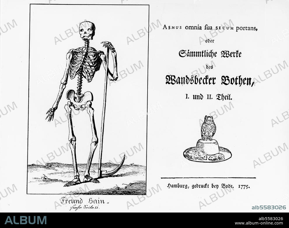 Claudius, Matthias Dichter. 1740-1815. Werke: Der Wandsbecker Bote (1771-1775). Frontispiz und Titelblatt der Ausgabe: Sämmtliche Werke des Wandsbecker Boten, 1. und 2. Teil, Hamburg (Bode) 1775.