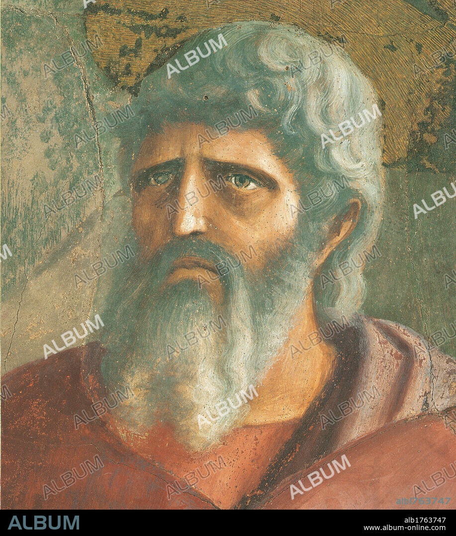 Tribute Money, by Tommaso di Ser Giovanni Cassai known as Masaccio, 1425 about, 15th Century, fresco, cm 255 x 598. Italy, Tuscany, Florence, Santa Maria del Carmine church, Brancacci Chapel. Detail. Man disciple saint sad gray beard.