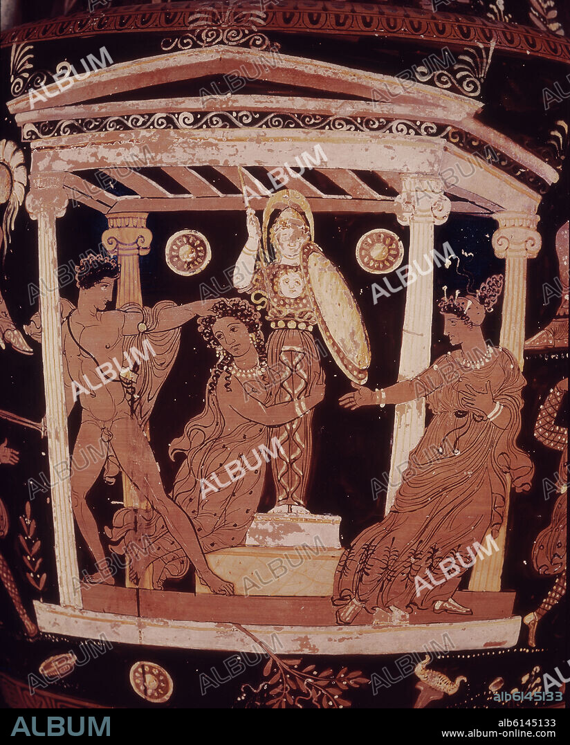 AYAX VIOLA EL TEMPLO DE ATENEA AL LLEVARSE A PROFETISA CASANDRA.CRATERA GRIEGA - SIGLO IV AC.