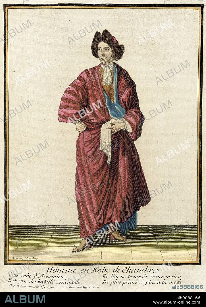 NICOLAS BONNART and JEAN-BAPTISTE BONNART. Recueil des modes de la cour de France, 'Homme en Robe de Chambre', 1676.