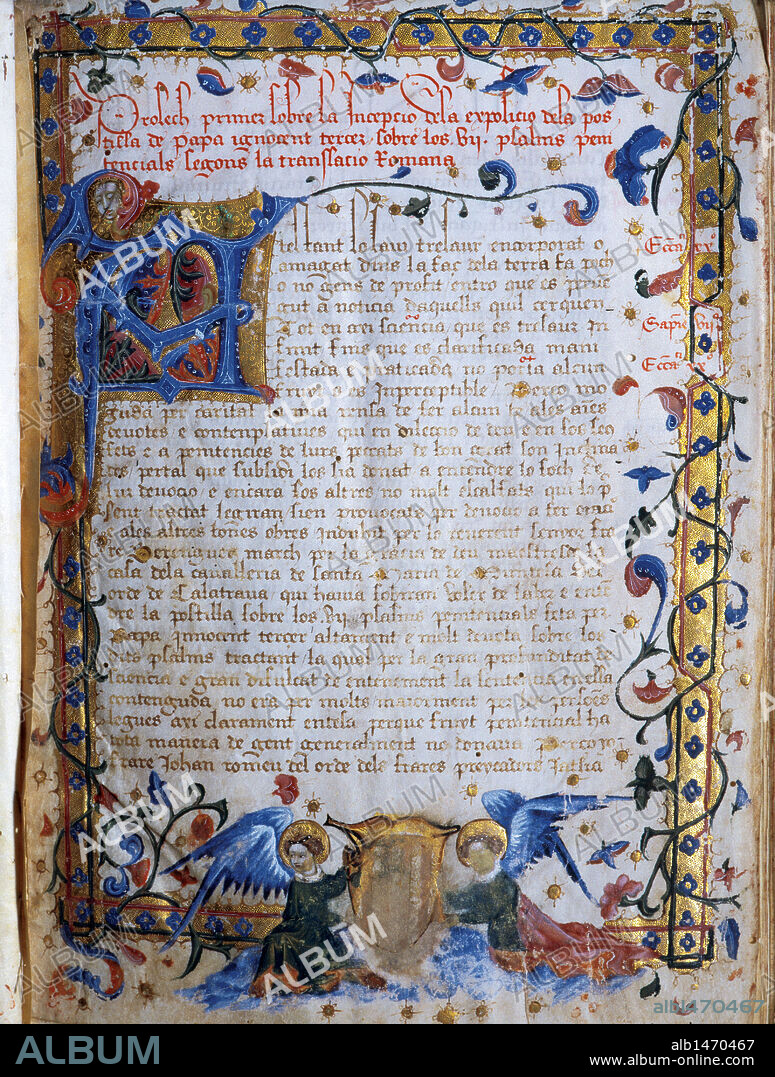 Inocencio III (Giovanno Lotario, conde de Segni) (Anagni, 1160-Roma,1216). Papa de 1198 a 1216. Fue el instaurador de la Inquisición. Predicó la Cruzada Hispánica de las Navas de Tolosa en 1212. Salmos Penitenciales del Papa Inocencio III. Incunable del siglo XIV en lengua catalana. Folio con letras capitualres miniadas y, en la parte inferior, el escudo de Cataluña sostenido por dos ángeles. Biblioteca de la Universidad de Barcelona. Cataluña.