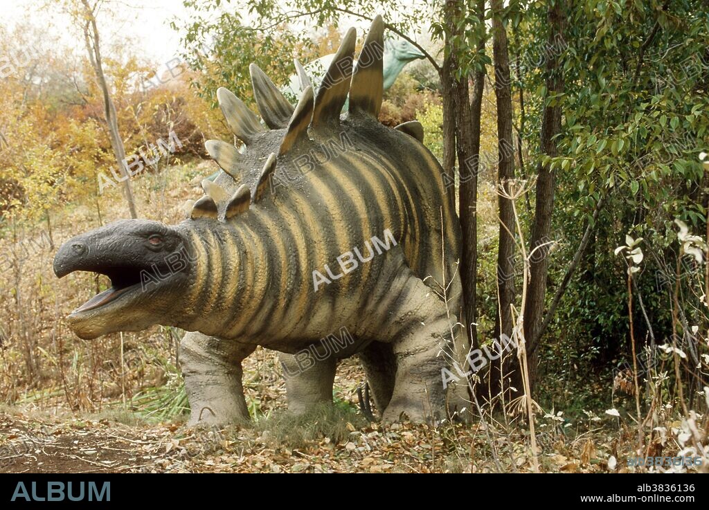 Stegosaurus reconstruction in Calgary Zoo's Prehistoric Park. Stegosaurus was a small brained herbivore that reached up to 25 feet in length.