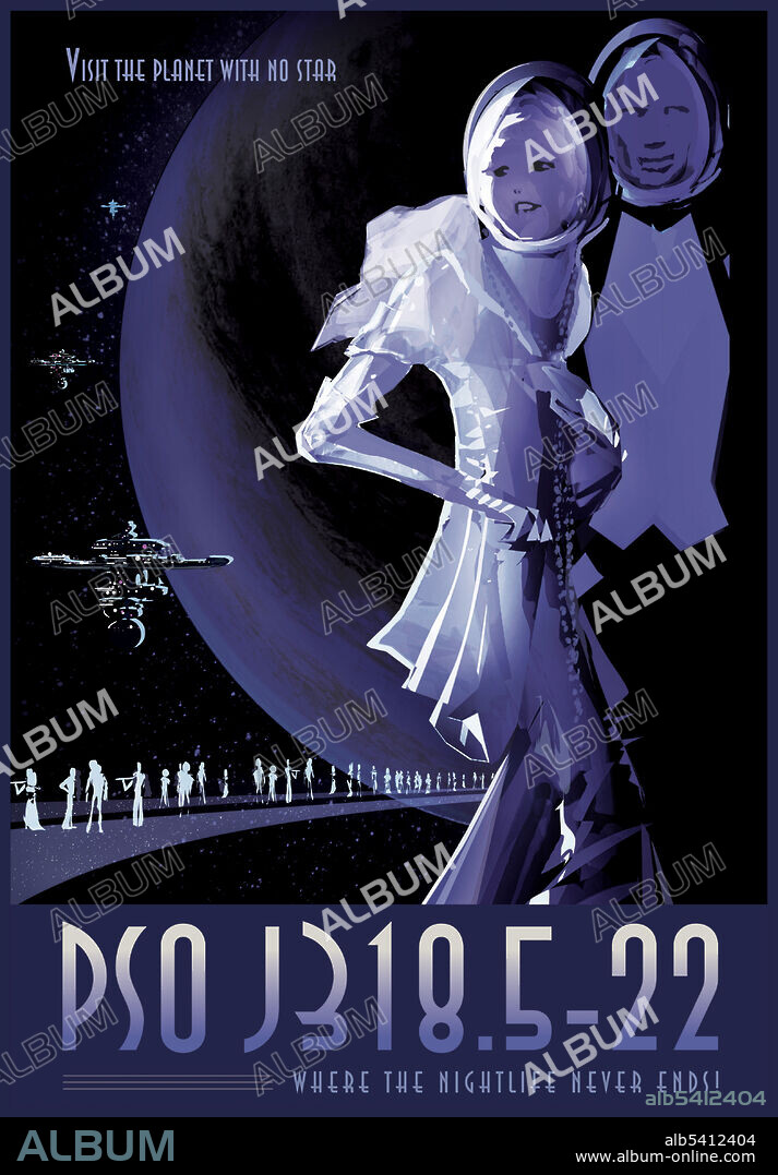 A creative team of visual strategists at JPL, known as The Studio, created a poster series, entitled: Visions of the Future. The artists and designers gravitated to the style of the old posters the WPA created for the national parks. PSO J318.5-22. This design fell right out of the tagline, "where the nightlife never ends," which was perfect for a wandering planet that has no star. The team wanted to evoke a sense of elegance, so we leaned heavily on 1930s art deco for this one. It's sort of retro-future fantasy, but again, there's a bit of real science inspiring it.
