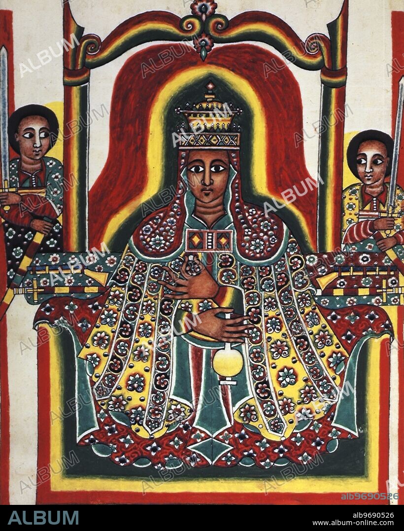 King Theodore in ceremonial robes, c1855-1865. Manuscript illustration from the Gospel of Saint Matthew and Saint Mark, written in Amharic by the royal scribe and painter, Luke, for King Theodore II (died 1868), Emperor of Ethiopia (1855-1868).