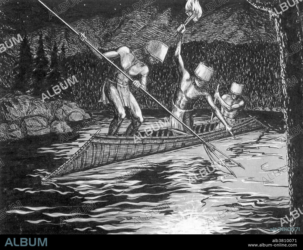 Illustration showing Shuswap (or Secwepemc) men fishing at night, using a torch of pitch-soaked wood to attract spawning fish. One attends to the flame while the other spears the fish, and a third paddles. The hats probably shielded their eyes from the glare of the torch, allowing them to see the fish. The Shuswap are a First Nations people residing in British Columbia, Canada.