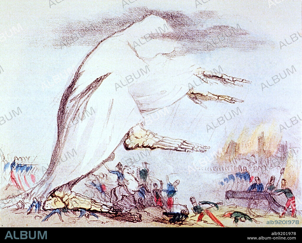 Cholera as Death emanating a deadly black cloud that kills soldiers on both sides of the battlefield. From McLean's Monthly Sheet of Caricatures, October 1st, 1831. Illustration by Robert Seymour (1798-1836). The miasma theory held that diseases such as cholera were caused by a miasma, a noxious form of bad air. In reality, cholera was caused by the consumption of water or food containing the bacterium Vibrio cholerae.