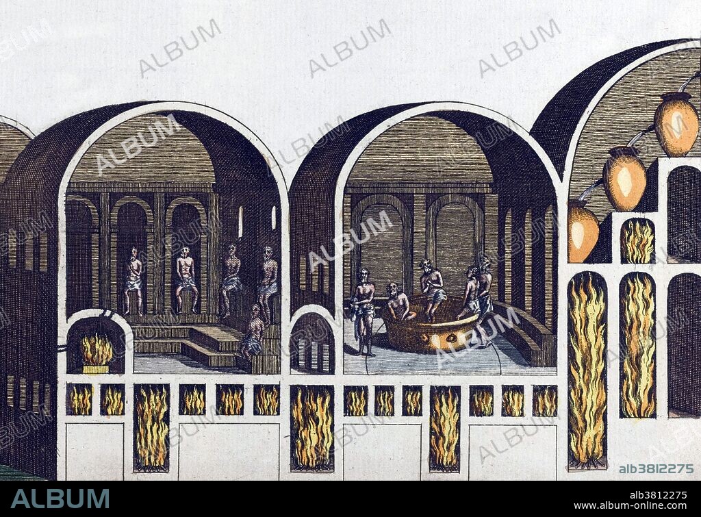 In ancient Rome, thermae and balneae were facilities for bathing. Thermae usually refers to the large imperial bath complexes, while balneae were smaller-scale facilities, public or private, that existed in great numbers throughout Rome. Most Roman cities had at least one, if not many, such buildings, which were centers not only for bathing, but socializing. Roman bath-houses were also provided for private villas, town houses, and forts. They were supplied with water from an adjacent river or stream, or more normally, by an aqueduct. The water would be heated by a log fire before being channelled into the hot bathing rooms. Engraving appeared in "Costumes, manners, customs and material culture in Antiquity and the Middle Ages" by Robert von Spalart, 1804-11.