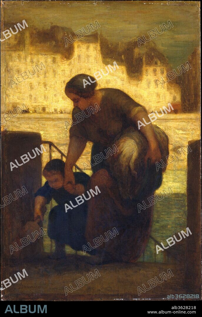 HONORE DAUMIER. The Laundress. Artist: Honoré Daumier (French, Marseilles 1808-1879 Valmondois). Dimensions: 19 1/4 x 13 in. (48.9 x 33 cm). Date: 186[3?].
This painting depicts a subject visible from Daumier's studio on the quai d'Anjou in Paris: laundresses returning from laundry boats moored on the Seine. Despite the weight of her bulky load, the woman tenderly extends her hand to help a child up the steps of the embankment. With her sturdy form silhouetted against a bright background, the humble worker acquires a certain monumentality. This picture is the largest and possibly the last of three painted versions of the composition; Daumier's pigments have deteriorated, obscuring the last digit of the date inscribed at the lower left, but in 1893 it was recorded as 1863.