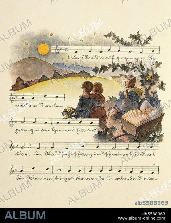 Claudius, Matthias Dichter, 1740-1815. Werke: Abendlied (Gedicht). "Der Mond ist aufgegangen (...) ". Text- und Notendruck mit Illustration von Elisabeth Hasse. Aus: Deutsche Kinderlieder, Meersburg und Leipzig (F.W.Hendel-Verlag) o. J. (um 1935/40).