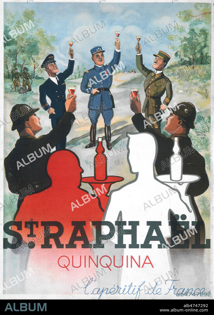 'Saint-Raphael, quinquina : l'aperitif de France' Publicite illustree par Jean BAILLE-HACHE (20s.) et publiee dans le Miroir du Monde du 30/04/1937. Credit : Collection KHARBINE-TAPABOR.
