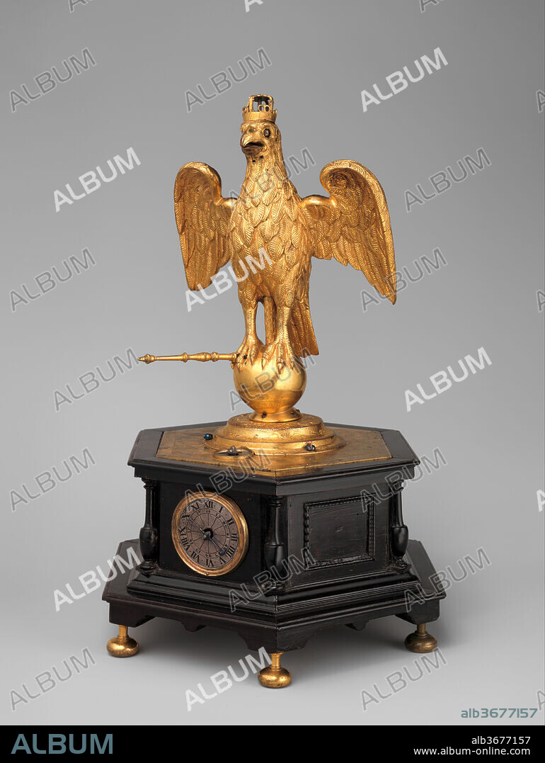 Automaton clock in the form of an eagle. Culture: German, Augsburg. Dimensions: Overall: 13 1/4 × 9 1/8 × 7 5/8 in. (33.7 × 23.2 × 19.4 cm). Date: ca. 1630.
European clocks were often, and from the outset, associated with the creation of automata--moving, mechanized figures or contrivances. Seventeenth-century Augsburg clockmakers specialized in small domestic examples. Here, when the clock strikes the hour, the scepter moves, and on the quarter hours the eagle opens and shuts its beak and rolls its eyes. The eagle emblem of the Habsburgs had special meaning for inhabitants of Augsburg, a free city with a direct allegiance to the Habsburg Holy Roman emperors.