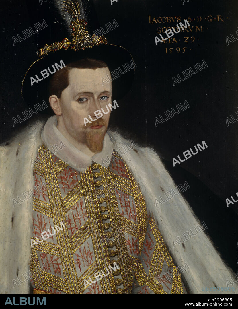 ATTRIBUTED TO ADRIAN VANSON. James VI and I, 1566 - 1625. King of Scotland 1567 - 1625. King of England and Ireland 1603 - 1625. Date/Period: 1595. Painting. Oil on panel. Height: 729 mm (28.70 in); Width: 623 mm (24.52 in).