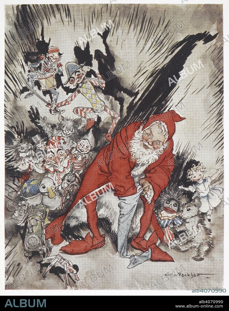 ARTHUR RACKHAM and CLEMENT CLARKE MOORE. Father Christmas surrounded by gifts. [A Visit from St. Nicholas.] The Night before Christmas ... Illustrated by Arthur Rackham. London : G. G. Harrap & Co., 1931. Source: 011686.dd.2 page 31.
