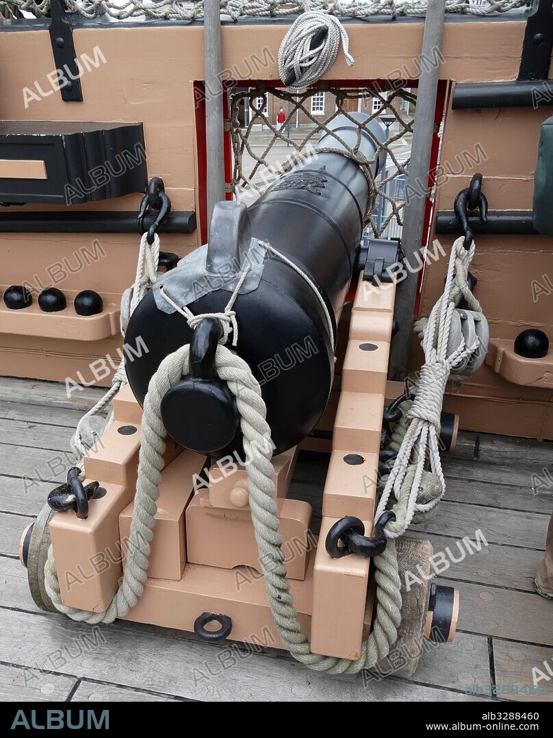 Cannon on the deck of HMS Victory is a 104-gun first-rate ship of the line of the Royal Navy, ordered in 1758, laid down in 1759 and launched in 1765. She is best known as Lord Nelson's flagship at the Battle of Trafalgar in 1805.