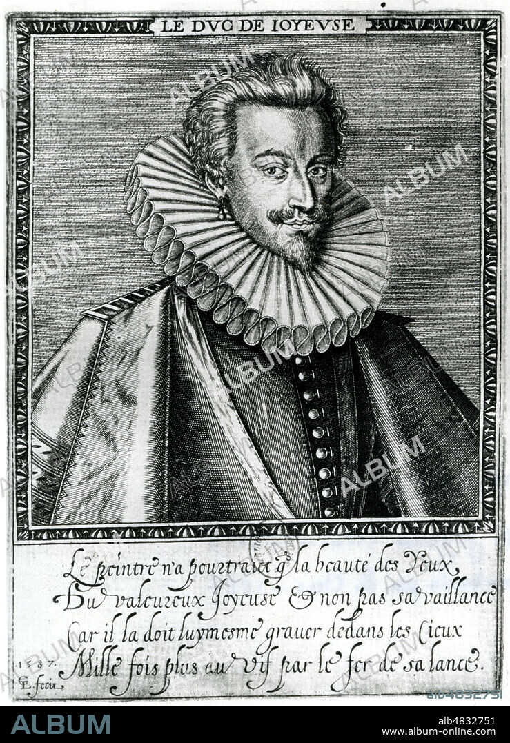 Portrait du Duc Anne de Joyeuse (1561-1587), un des mignons du roi Henri III. Gravure de 1587 (16eme, 16e, XVIe s.) Collection CL/KHARBINE-TAPABOR.