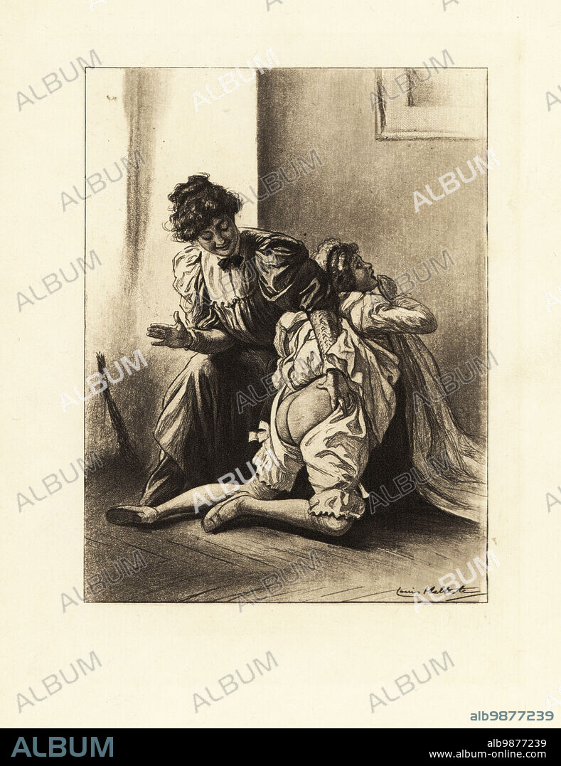 An Edwardian female tutor spanking the naked buttocks of a girl. A birch is propped up against the wall. Photogravure after an illustration by Louis Malteste from Jacques dIcys Qui Aime Bien ou la flagellation dans la vie moderne, Jean Fort, Paris, 1912.