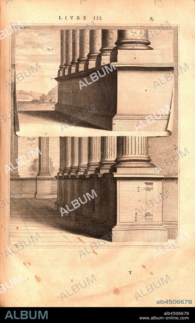 Stylobaten, Illustration of two types of stylobates from the 17th century, date estimated:, Pl. XVIII, p. 83, 1673, Pollio Vitruvius: Les dix livres d'architecture de Vitruve: corrigez et traduits nouvellement en françois, avec des notes & des figures. Le troisième livre. A Paris: chez Jean Baptiste Coignard, [...], 1673.