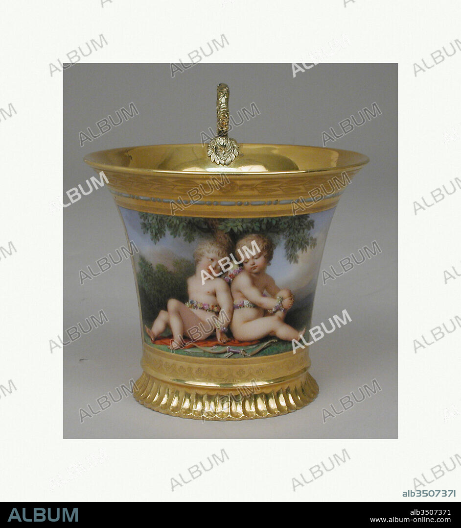 Cup (tasse Jasmin), part of Breakfast Service (déjeuner), Handle attributed to Pierre-Noël Blaquière (recorded 1810), 1813, French, Sèvres, Hard-paste porcelain, silver gilt, Height: 4 7/16 in. (11.3 cm), Ceramics-Porcelain, Handle attributed to Pierre-Noël Blaquière (recorded 1810), This breakfast service was presented by Napoleon I to Princess Auguste-Amélie, wife of his stepson Eugène Beauharnais, on New Year's Day of 1814. The overall theme of the decoration was described in the factory records as the 'loves of amors and nymphs,' and the title given to the scene on the tray was 'Accused Nymphs Appearing before the Tribunal of Love.