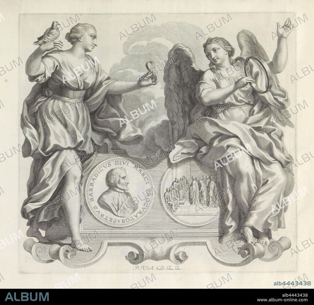 Portrait of Pietro Barbarigo and the personifications Sincerity and Immortality Numismata virorum illustrium ex Barbadica gente (series title), Pedestal in the form of a cartouche. On top a medallion with on the front the portrait of Pietro Barbarigo, procurator of the Basilica of San Marco in Venice. On the back is a group of senators for the Doge of Venice. The pedestal is flanked by the female personification of the Sincerity with pigeon and heart. On the right is Immortality: a woman with wings and a golden circle. The print is part of an album, medal (considered as a piece of sculpture, regardless of its specific function), heart symbolism, other birds: dove, Immortality, Imperishableness, 'Immortalita' (Ripa), Sincerity, 'Purità and Sincerità d'animo', 'Sincerità' (Ripa), Pietro Barbarigo, Robert van Audenaerd (mentioned on object), Rome, 1673 - 1743, paper, engraving, h 220 mm × w 236 mm.