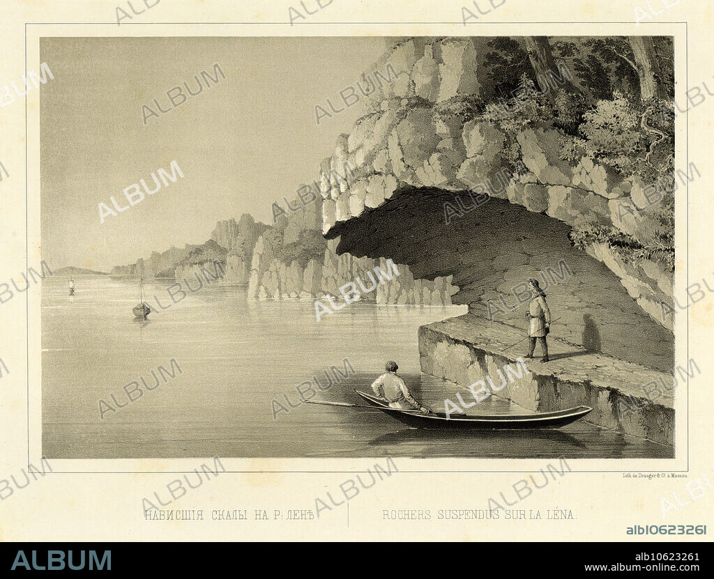 Cliff Overhang Above the Lena River, 1856. From Puteshestviye po Vostochnoy Sibiri I. Bulychova. Chast' 1-ya. Poyezdka v Kamchatku (A journey across eastern Siberia: Part 1, Trip to Kamchatka), part of a collection of albums in the Prints Division of the National Library of Russia documenting expeditions to Siberia and the Russian Far East undertaken mostly in the late 19th century. The compiler of the album was Ivan Dem'ianovich Bulychev, a member of the Imperial Russian Geographical Society. The album is comprised of 64 finely drawn illustrations, most in color, taken from 21 issues of another publication and bound together. The illustrations show towns and cities, monasteries, landscape, scenes on the Lena River, and the people of the different ethnic groups.