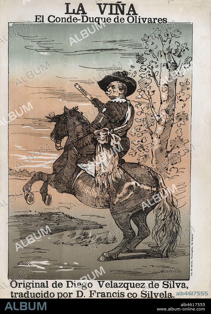Dibujo satírico de Antonio Cánovas del Castillo (1828-1897), presidente del consejo de ministros de España durante el reinado de Alfonso XII, caricaturizado como el Conde-Duque de Olivares en una pintura de Diego Velázquez. Publicado en el periódico La Viña. Madrid, año 1880.