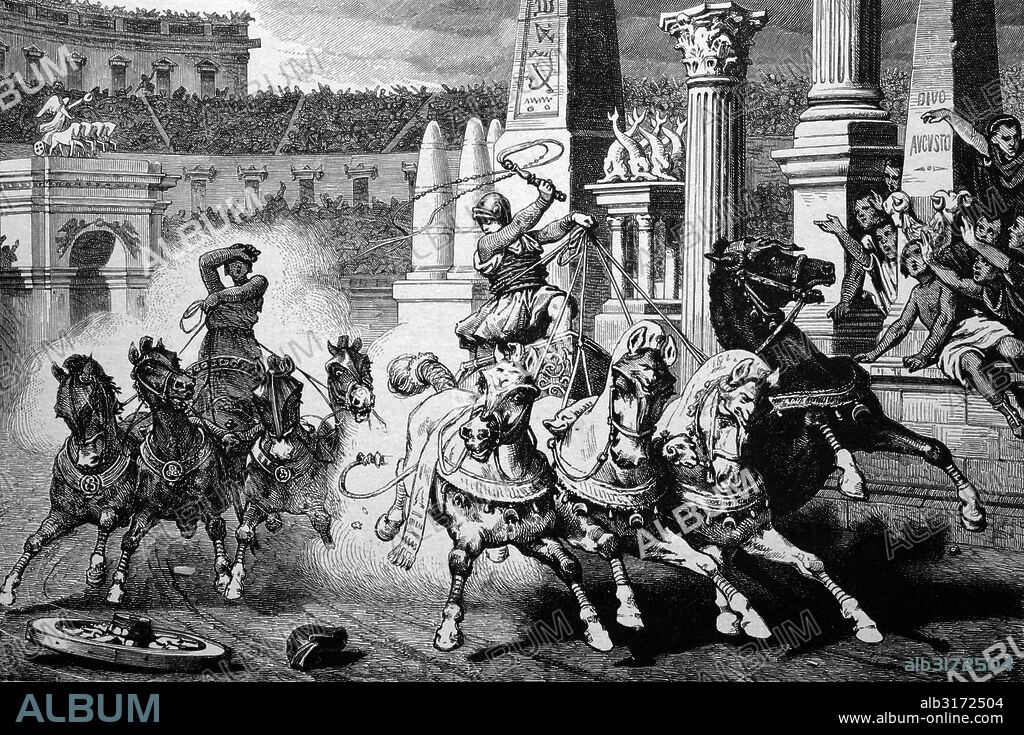 Roman history, chariot racing in the circus maximus in rome, italy, historical illlustration, about 1886.