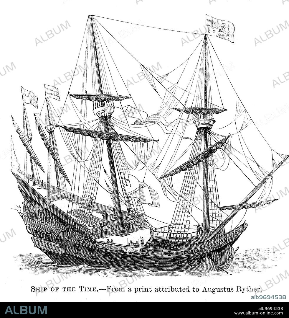 A ship from the reign of Queen Mary I - a 16th century ship - a ship of the time . From a print attributed to Augustus Ryther. Late 1500s.