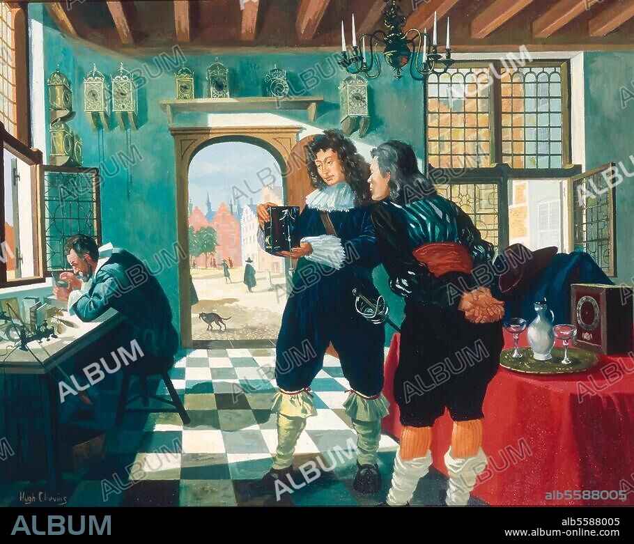 Huygens, Christian; niederl. Physiker u. Mathematiker; 1629-1695. "Christian Huygens und der Uhrmacher Solomon Costers mit ihrer ersten Pendeluhr" (1657). Gemälde, 20. Jh. von Hugh Chevins. Öl auf Leinwand. London, Science Museum.