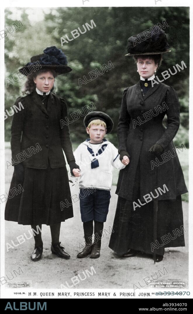 Queen Mary, Princess Mary and Prince John, 1910s. Mary of Teck, Queen Consort of King George V of the United Kingdom (1867-1953), with her third child and eldest daughter, Princess Mary (1897-1965), and her youngest child, Prince John (1905-1919). An epileptic, John was largely kept out of the public eye. (Colorised black and white print).