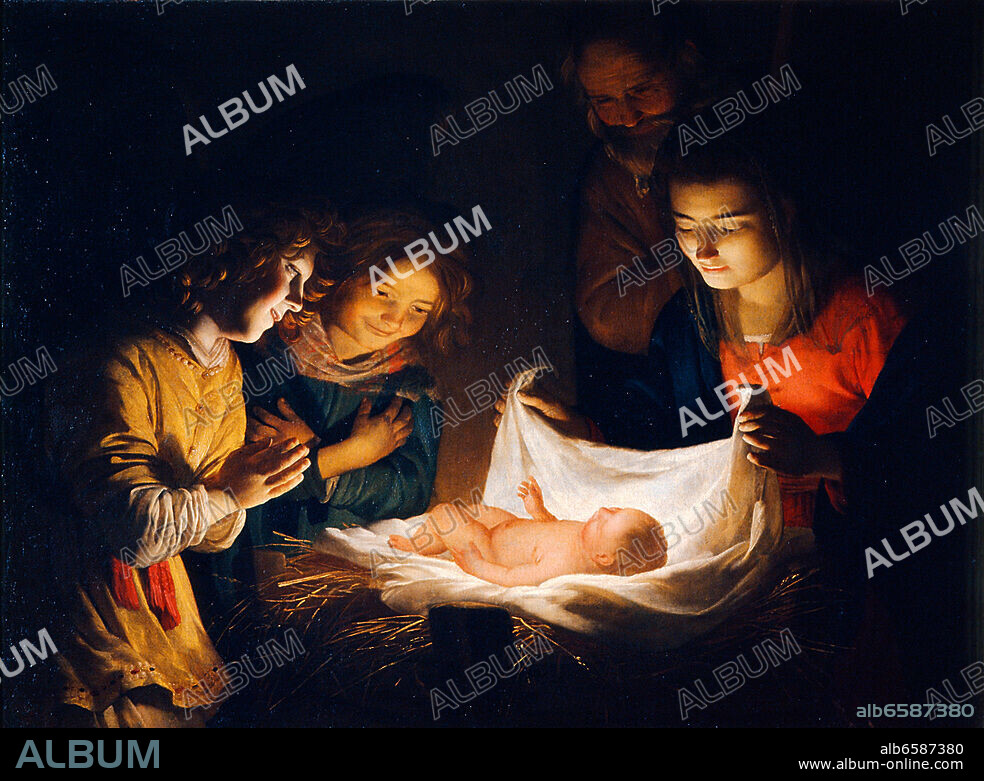 GERARD VAN HONTHORST. Honthorst, Gerrit (Gerard) van, 1590-1656, Dutch painter. Adoration of the Child. Oil on canvas, 95 x 131 cm. Inv. no. 739. Florenz, Galleria degli Uffizi.