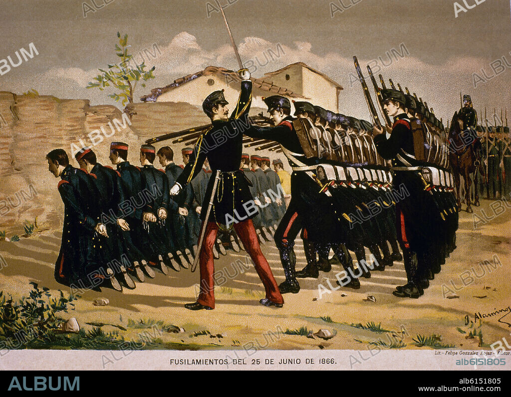 FUSILAMIENTO DE SARGENTOS EN EL CUARTEL DE SAN GIL EL 26 DE JUNIO DE 1866 - GRABADO SIGLO XIX.