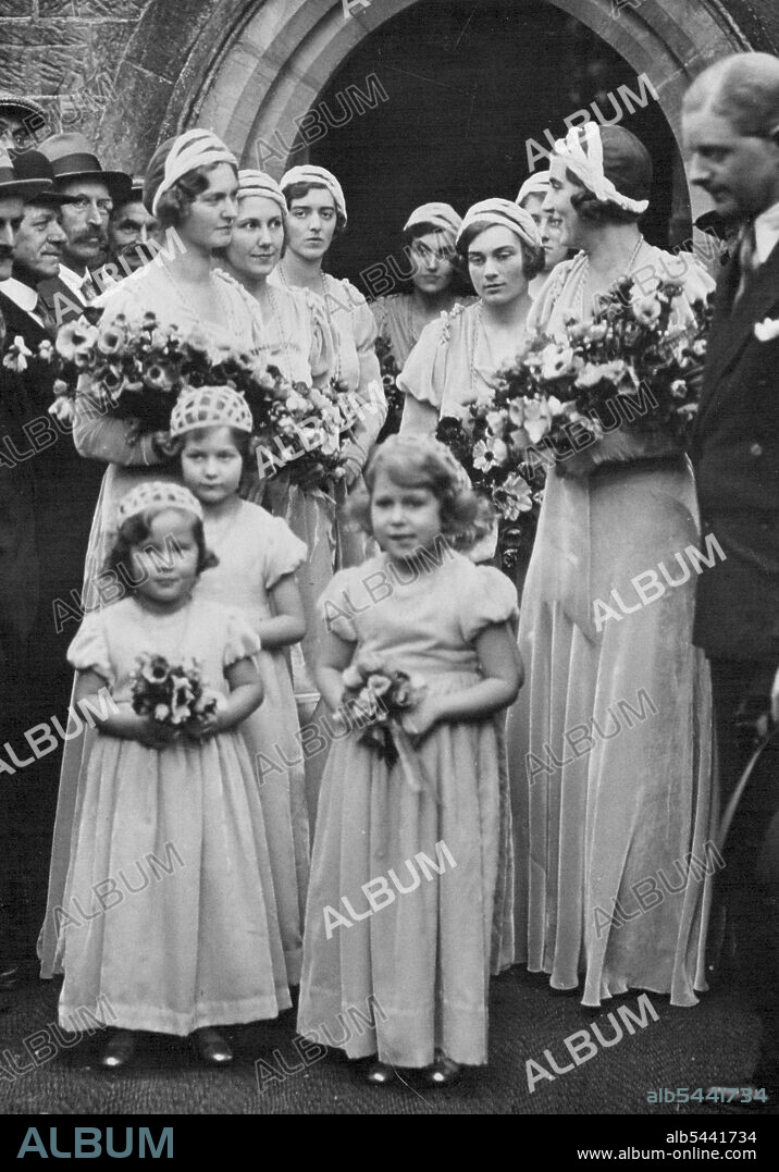 Village Wedding of Lady May Cambridge - The three tiny bridemaids are princess Elizabeth, Lady Mary Cambridge, and Miss Jennifer Bevan, and at the back are Princess Ingrid of Sweden, Princess Sybille of *****-Coburg-Gotha, Lady Alice Scott, Hon. Imogen Rhys, Miss Cathleen Allington, Miss Wenefryd Tabor, Miss Verona Seymour, and Miss Phyllis Seymour Holm. January 06, 1932. (Photo by Central News).