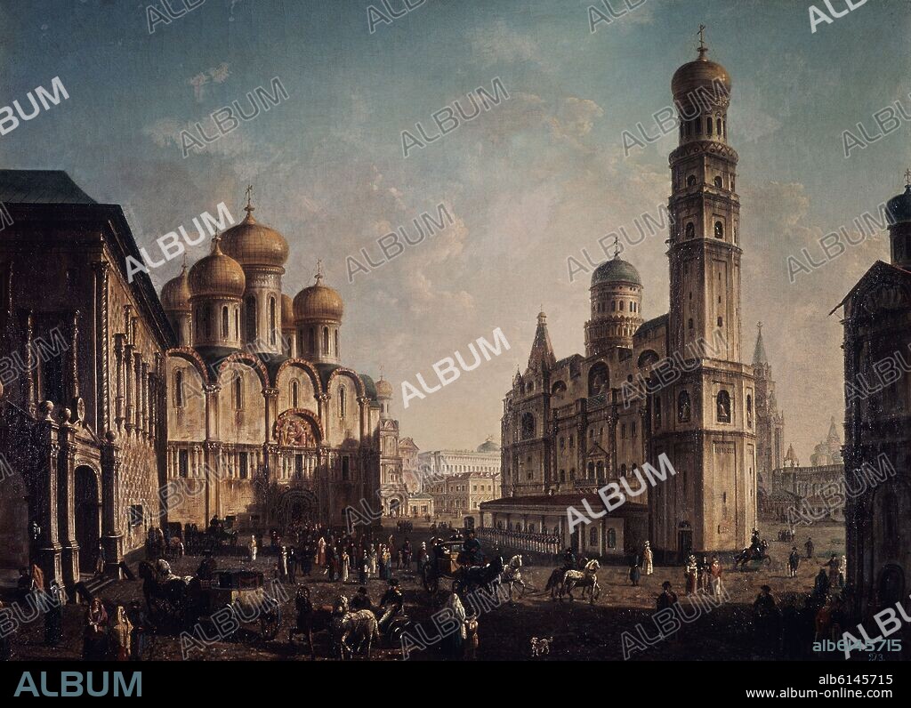 FYODOR ALEKSEYEV O FEDOR ALEKSEEV. LA PLAZA DE LA CATEDRAL DEL KREMLIN DE MOSCU - SIGLO XIX.