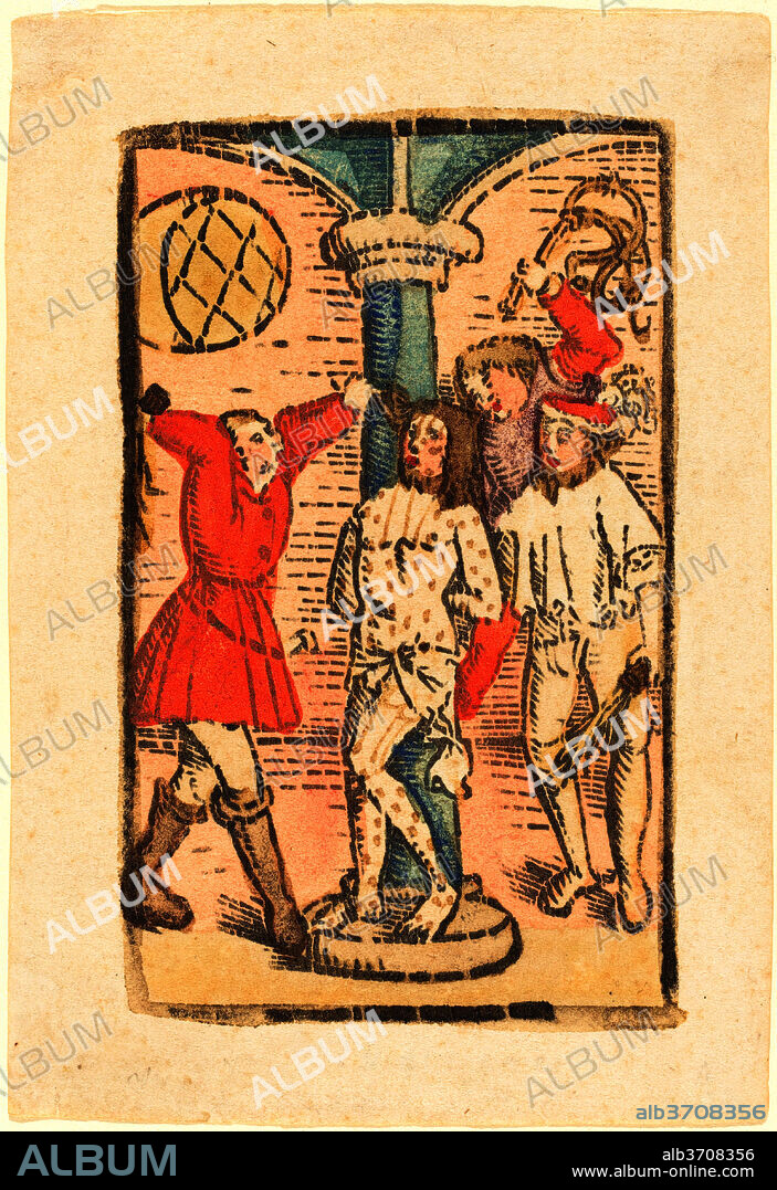 GERMAN 15TH CENTURY. The Flagellation. Dated: 1480/1500. Medium: woodcut in dark brown, hand-colored in vermilion, gray-blue, purple, peach, and tan.