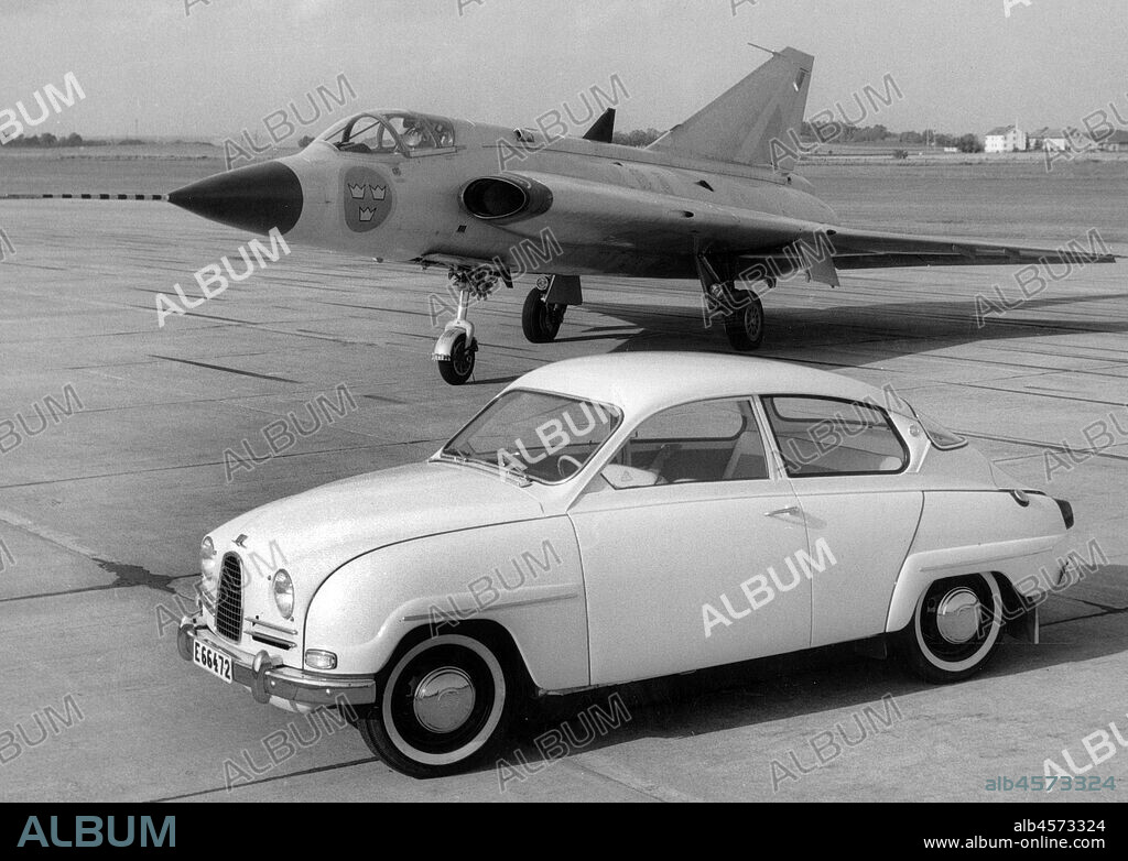 1960 Saab 96 and Saab 35 Draken Jet Fighter.