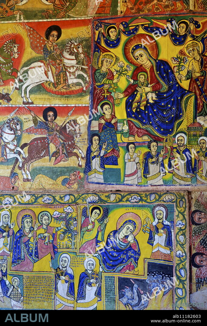 Murals in the interior of the 16th century Christian Monastery and church of Azuwa Maryam, Zege Peninsula, Lake Tana, Bahir Dar, Ethiopia, Africa.