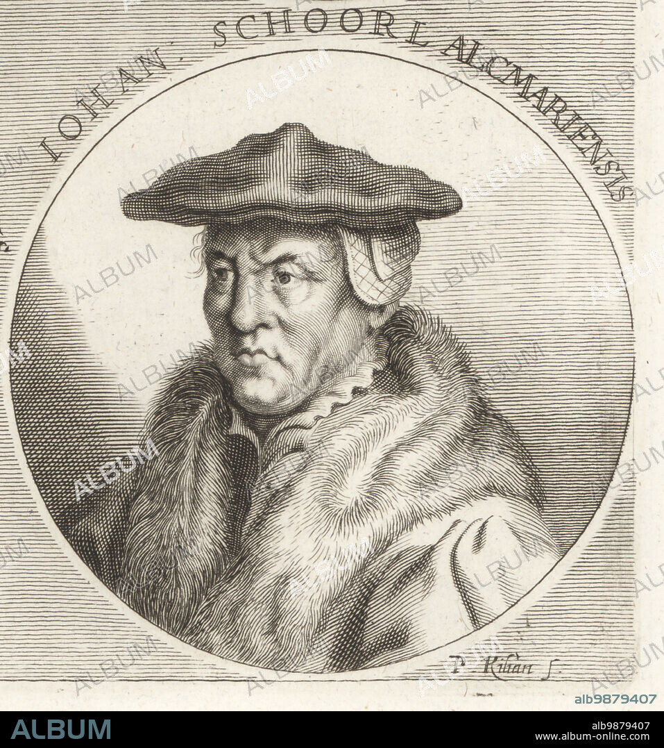 Johann Schorel or Jan van Scorel, Dutch painter, master builder, humanist and canon from Scorel, Alkmaar, 1495-1562. Johan Schoorl Alcmariensis. Ioannes Scorelius. Iohan Schoorl Alcmariensis. Copperplate engraving by Philipp Kilian after an illustration by Joachim von Sandrart from his LAcademia Todesca, della Architectura, Scultura & Pittura, oder Teutsche Academie, der Edlen Bau- Bild- und Mahlerey-Kunste, German Academy of Architecture, Sculpture and Painting, Jacob von Sandrart, Nuremberg, 1675.