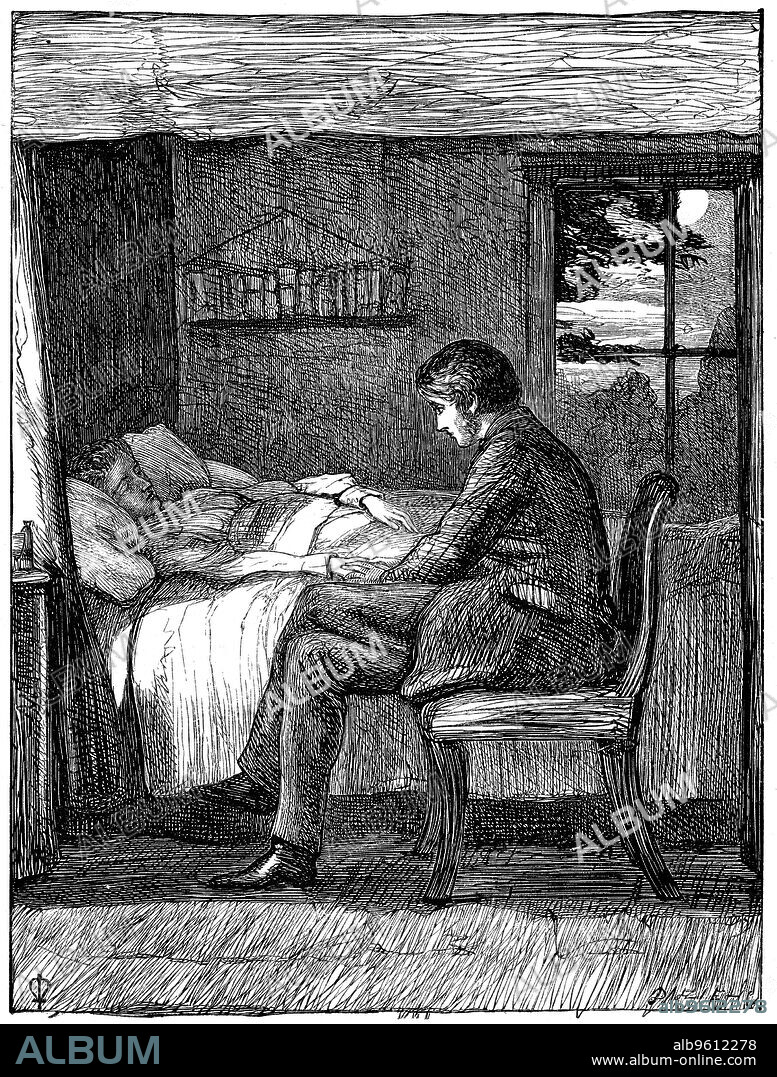 JOHN EVERETT MILLAIS. Illustration for the poem Last Words by Owen Meredith, 1860. Will watching and listening at his friend's deathbed. Owen Meredith was the pseudonym of Edward Robert Bulwer Lytton (1831-1891), 1st Earl Lytton. From The Cornhill Magazine. (London, November 1860).