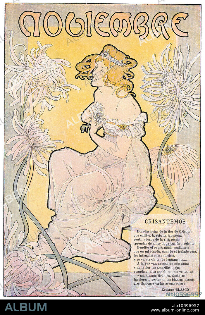 EULOGIO VARELA SARTORIO. Calendario modernista del mes de Noviembre de 1900. Crisantemos. Publicado en el almanaque de la revista Blanco y Negro.