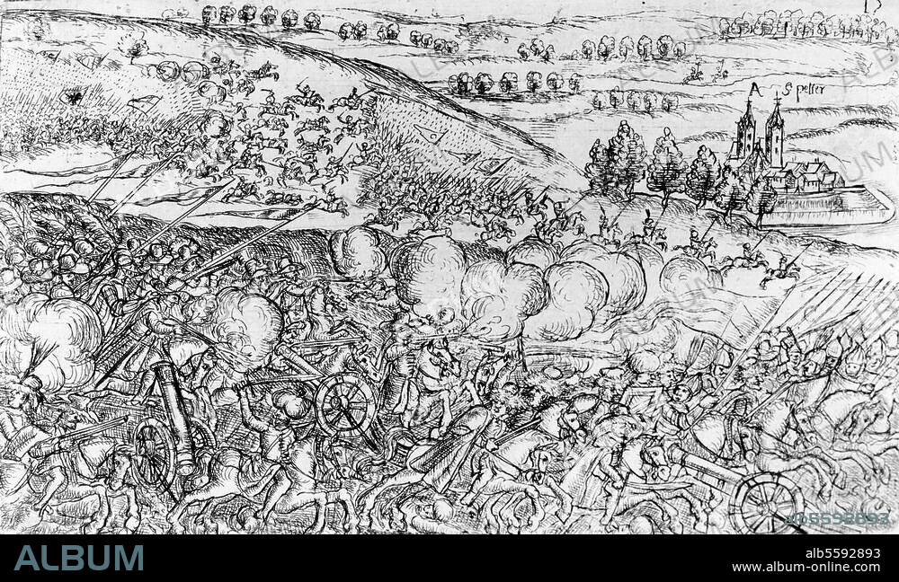 Turkish Wars under Emperor Rudolph II. (long Turkish War 1593-1606). Recovery of the town Stuhlweissenburg from the Turks (since 1543), by Imperial troops, on 3 November 1593. Battle scene: Imperial troops charge the fleeing Turkish army of Sinan Pascha. Anonymous etching, contemporary, 1603. Berlin, Sammlung Archiv für Kunst und Geschichte.